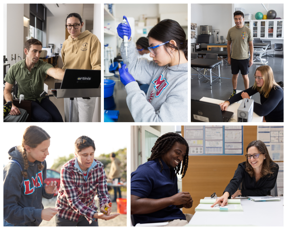 group of photos of students and faculty working the life sciences building and in the field